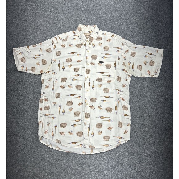 WOOLRICH Button Up Shirt ~ Fish Fishing Tackle Rod Reel Lure ~ Tan Short Sleeve - Picture 1 of 6